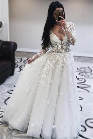 Long A-Line V-neck Appliques Lace Tulle Wedding Dress with Sleeves