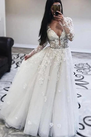 Long A-Line V-neck Appliques Lace Tulle Wedding Dress with Sleeves