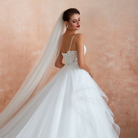 Long A-line V-neck Appliques Tulle Wedding Dress