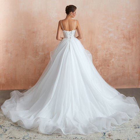 Long A-line V-neck Appliques Tulle Wedding Dress
