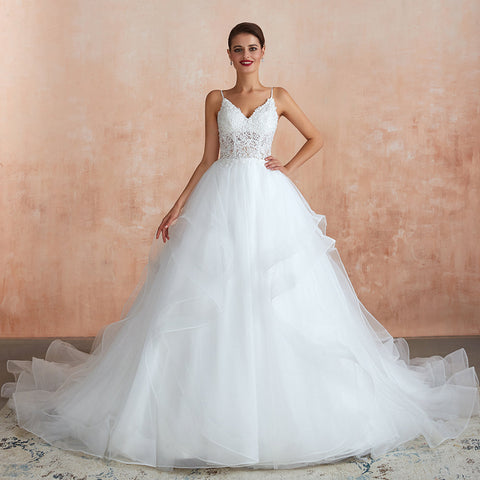 Long A-line V-neck Appliques Tulle Wedding Dress