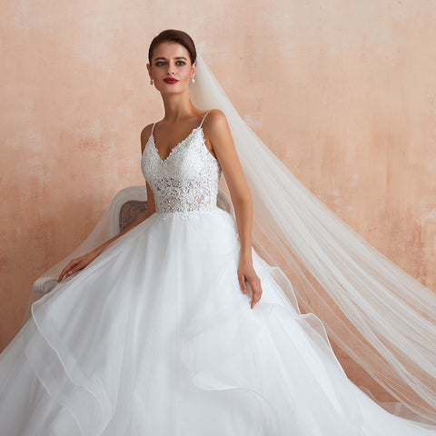 Long A-line V-neck Appliques Tulle Wedding Dress