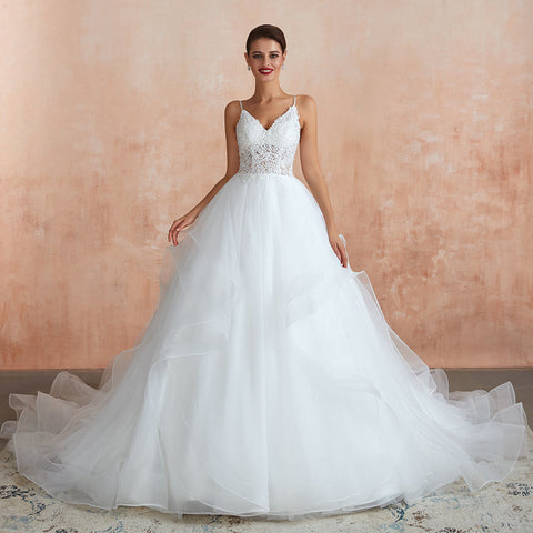 Long A-line V-neck Appliques Tulle Wedding Dress