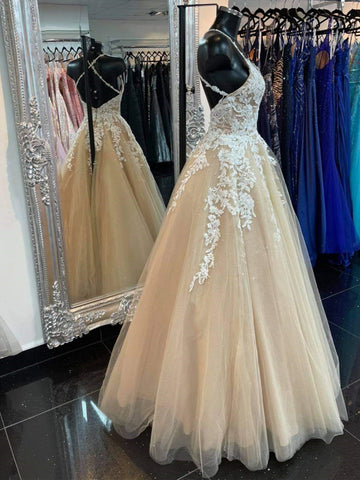 Long A-line V-neck Backless Tulle Prom Dress Champagne Lace Formal Evening Gowns