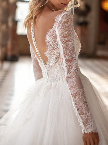 Long A-Line V Neck Court Train Lace Tulle Backless Wedding Dresses with Sleeves