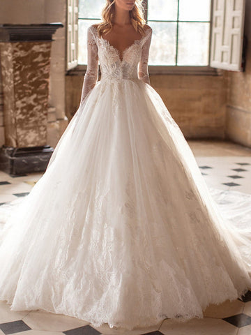 Long A-Line V Neck Court Train Lace Tulle Backless Wedding Dresses with Sleeves