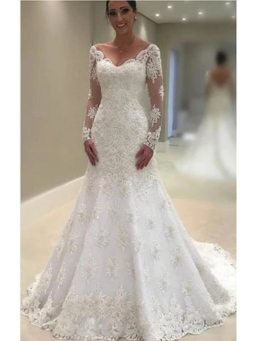 Long A-Line V Neck Court Train Lace Tulle Wedding Dresses with Sleeves