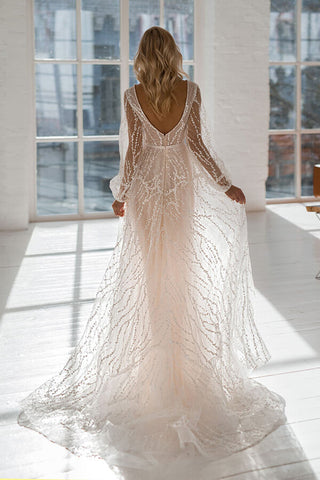 Long A-line V-neck Court Train Tulle Wedding Dress with Sleeves