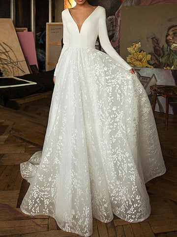 Long A-Line V-Neck Covered Button Satin Lace Wedding Dresses with Sleeves
