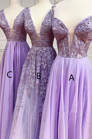 Long A-line V-neck Lace Chiffon Prom Dress Lilac Formal Evening Dresses