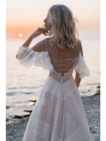 Long A-Line V Neck Lace Tulle Backless Wedding Dresses with Sleeves