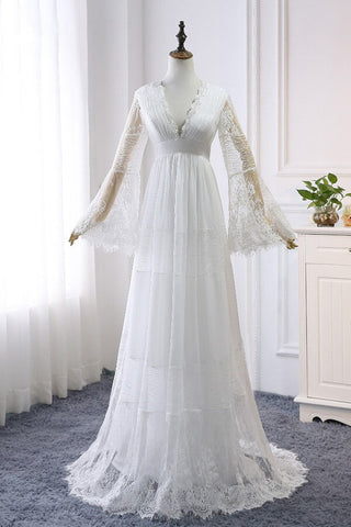 Long A-line V-neck Lace Tulle Wedding Dress with Sleeves