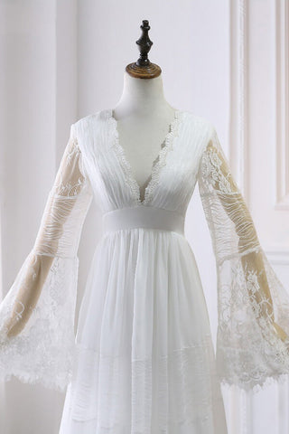 Long A-line V-neck Lace Tulle Wedding Dress with Sleeves