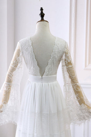 Long A-line V-neck Lace Tulle Wedding Dress with Sleeves