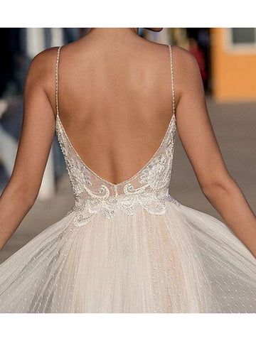 Long A-Line V-neck Spaghetti Strap Tulle Backless Wedding Dresses