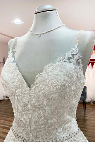 Long A-line V-neck Spaghetti Straps Backless Wedding Dress with Lace