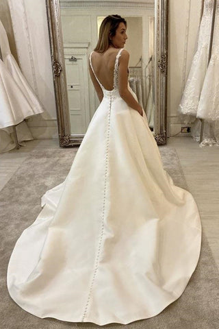 Long A-Line V-neck Spaghetti Straps Backless Wedding Dress With Pockets