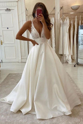 Long A-Line V-neck Spaghetti Straps Backless Wedding Dress With Pockets
