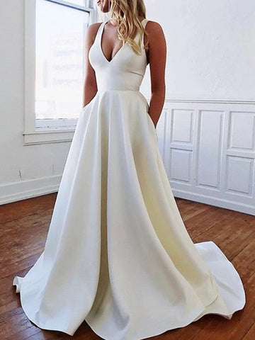 Long A-Line V Neck Stretch Satin Backless Wedding Dresses with Pockets