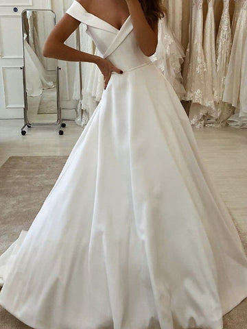 Long A-Line V Neck Sweep Brush Train Satin Wedding Dresses