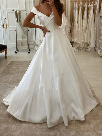 Long A-Line V Neck Sweep Brush Train Satin Wedding Dresses