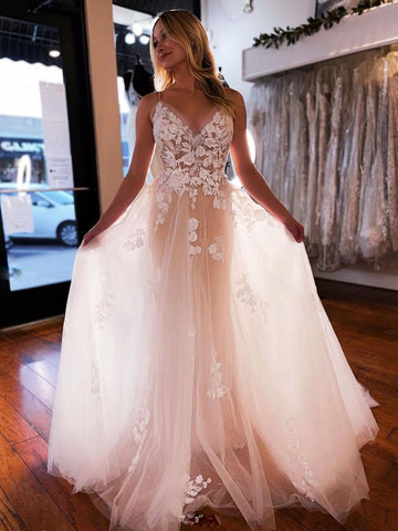 Long A-line V-neck Tulle Lace Floral Spaghetti Straps Backless Wedding Dresses