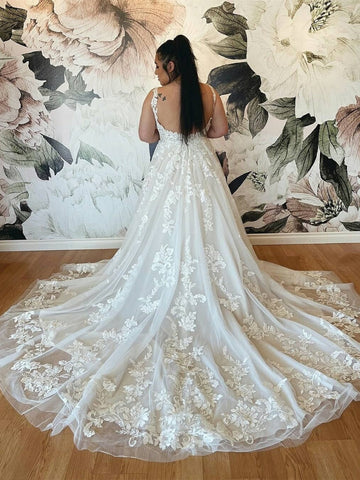 Long A-line V-neck Tulle Lace Open Back Wedding Dress White Bridal Gowns