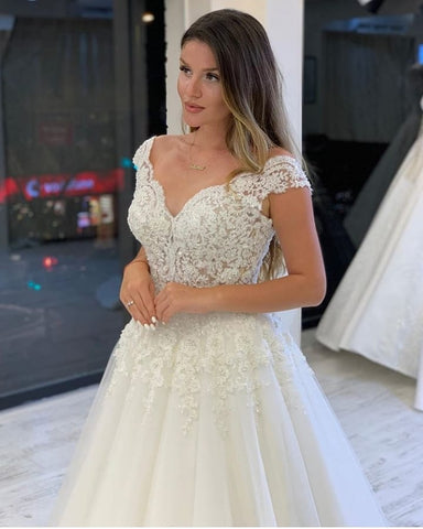 Long A-Line V-neck Wide Straps Appliques Lace Pearl Tulle Wedding Dress