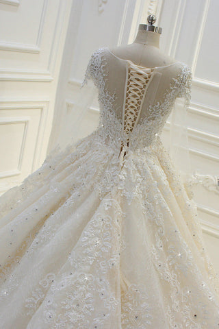 Long Ball Gown Beading Bateau Appliques Lace Wedding Dress with Sleeves