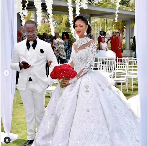 Long Ball Gown High Neck Sparkle Applique Satin Wedding Dress with Sleeves