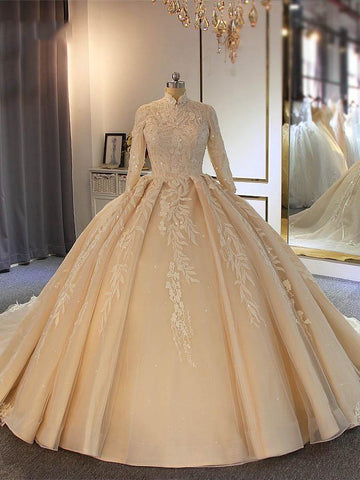 Long Ball Gown High Neck Tulle Lace Wedding Dresses with Sleeves