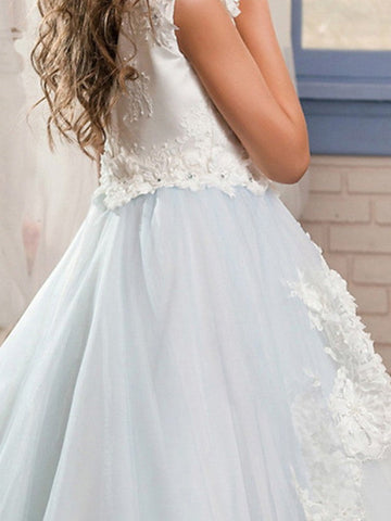 Long Ball Gown Jewel Neck Wedding Event Party Flower Girl Dresses With Lace Appliques