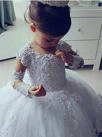 Long Ball Gown Lace Jewel Neck Wedding Flower Girl Dresses with Sleeves