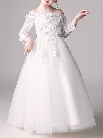 Long Ball Gown Off Shoulder First Communion Flower Girl Dresses with Sleeves