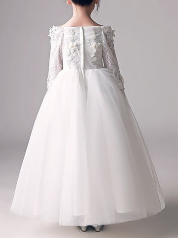 Long Ball Gown Off Shoulder First Communion Flower Girl Dresses with Sleeves