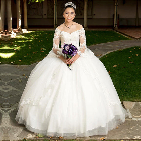 Long Ball Gown Off-the-shoulder Tulle White Quinceanera Dress with Sleeves