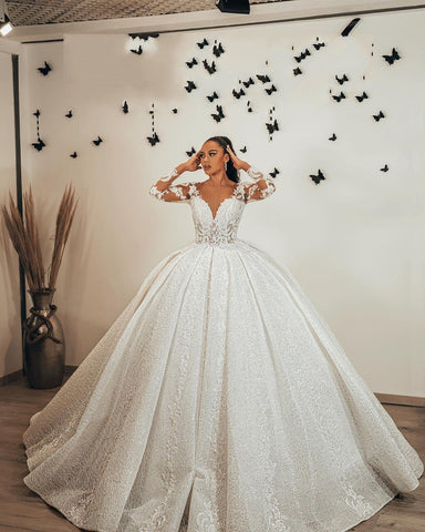 Long Ball Gown Sweetheart Appliques Lace Sequins Ruffles Wedding Dress with Sleeves