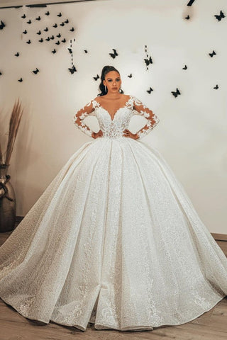 Long Ball Gown Sweetheart Appliques Lace Sequins Ruffles Wedding Dress with Sleeves