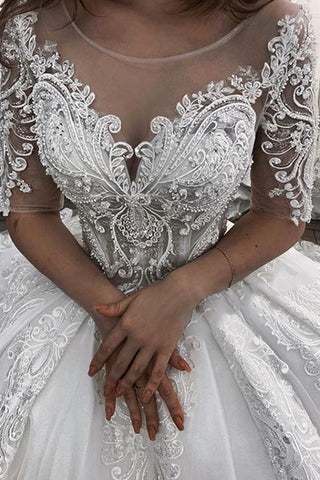 Long Ball Gown Sweetheart Appliques Lace Tulle Wedding Dress with Sleeves
