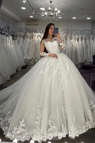 Long Ball Gown Sweetheart Appliques Lace Tulle Wedding Dress with Sleeves