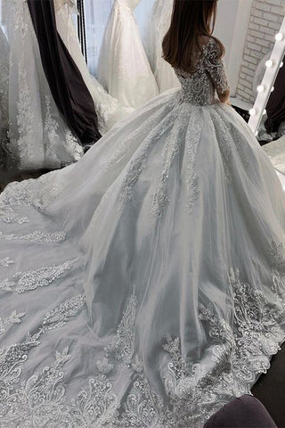 Long Ball Gown Sweetheart Appliques Lace Tulle Wedding Dress with Sleeves