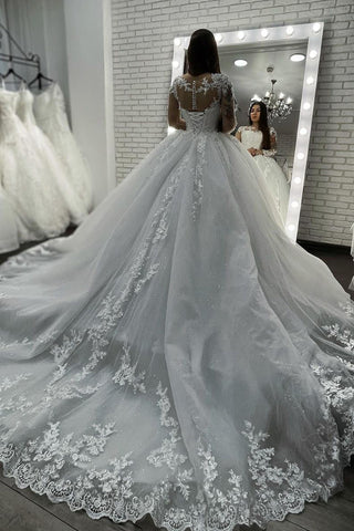 Long Ball Gown Sweetheart Appliques Lace Tulle Wedding Dress with Sleeves