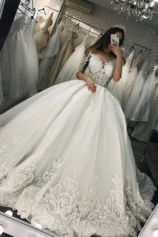 Long Ball Gown Sweetheart Appliques Lace Tulle Wedding Dress with Sleeves