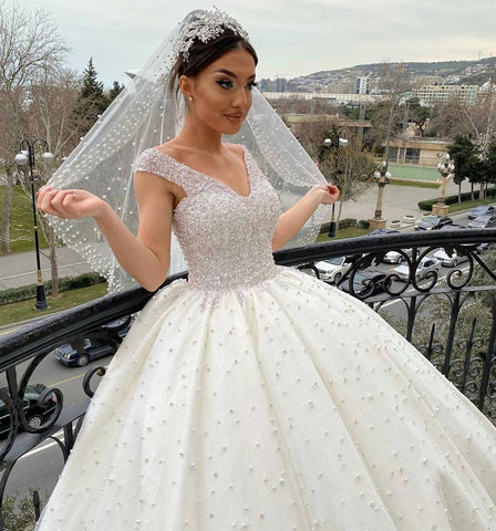 Long Ball Gown Sweetheart Off-the-Shoulder Backless Pearl Beading Ruffles Tulle Wedding Dress