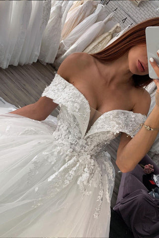 Long Ball Gown Sweetheart Off The Shoulder Satin Wedding Dress