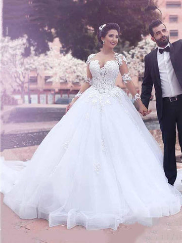 Long Ball Gown Sweetheart Tulle Lace Wedding Dresses with Sleeves