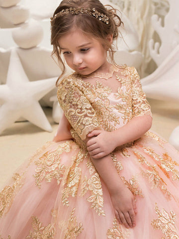 Long Ball Gown Tulle Half Sleeve Jewel Neck Wedding Party Flower Girl Dresses