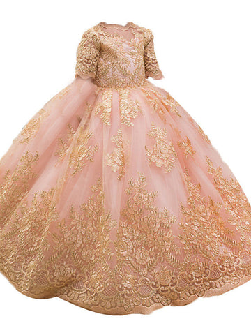 Long Ball Gown Tulle Half Sleeve Jewel Neck Wedding Party Flower Girl Dresses