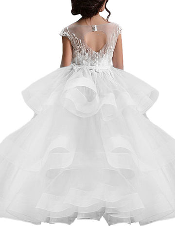 Long Ball Gown Tulle Lace Pageant Flower Girl Dresses with Sleeves