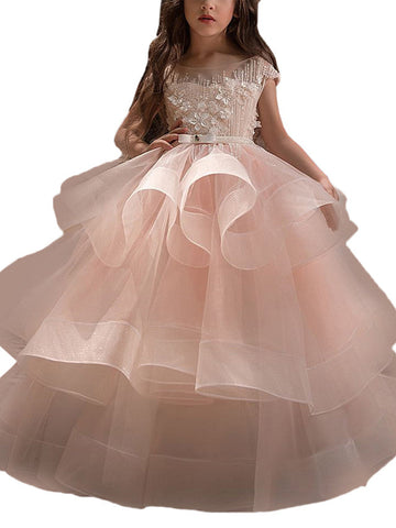 Long Ball Gown Tulle Lace Pageant Flower Girl Dresses with Sleeves